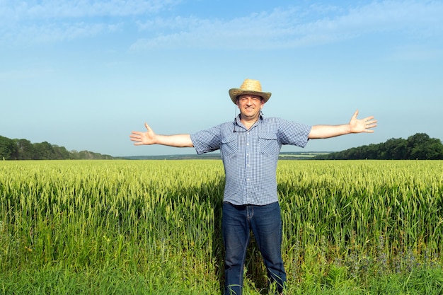 L'agricoltore anziano ispeziona il campo di grano Mani alzate simbolo di un buon raccolto