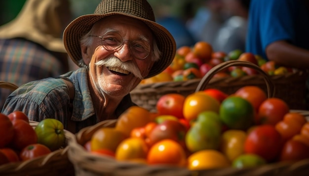 L'agricoltore anziano sorridente tiene un cesto di prodotti biologici freschi generato dall'IA