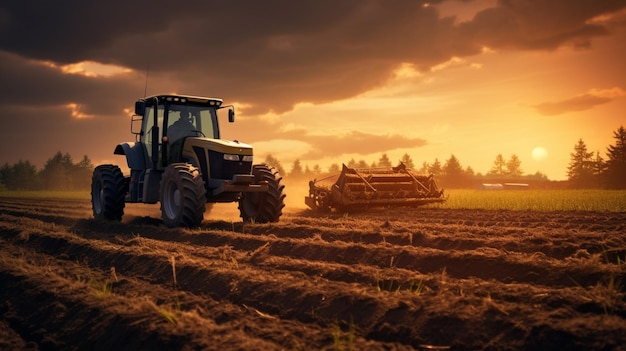 l'agricoltore ara il campo con macchinari pesanti alla luce del sole