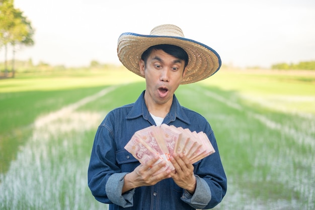 L'agricoltore asiatico sorprende con una faccia da wow e guarda pile di banconote in una fattoria di riso verde