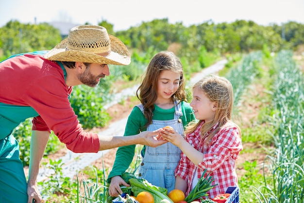 L&#39;agricoltore che mostra le verdure raccoglie per rubare le ragazze