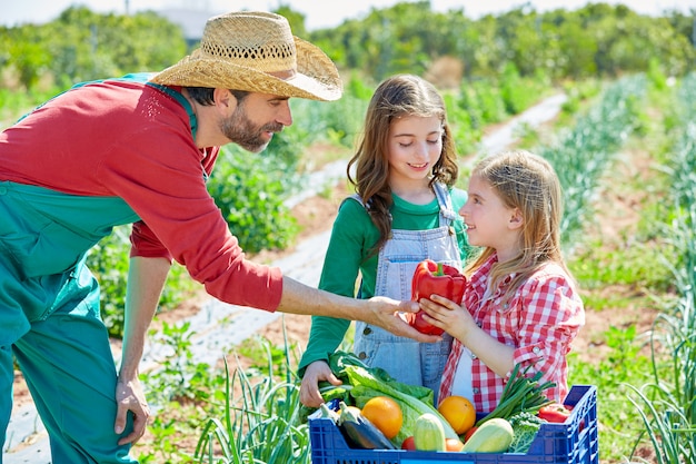 L&#39;agricoltore che mostra le verdure raccoglie per rubare le ragazze