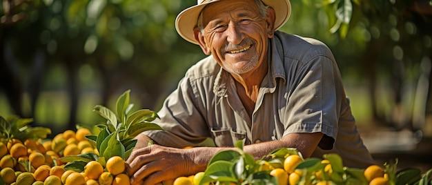 L'agricoltore che raccoglie la frutta raggiante con il raccolto