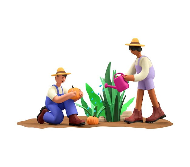 l'agricoltore che sta piantando la zucca 3D illustrazione