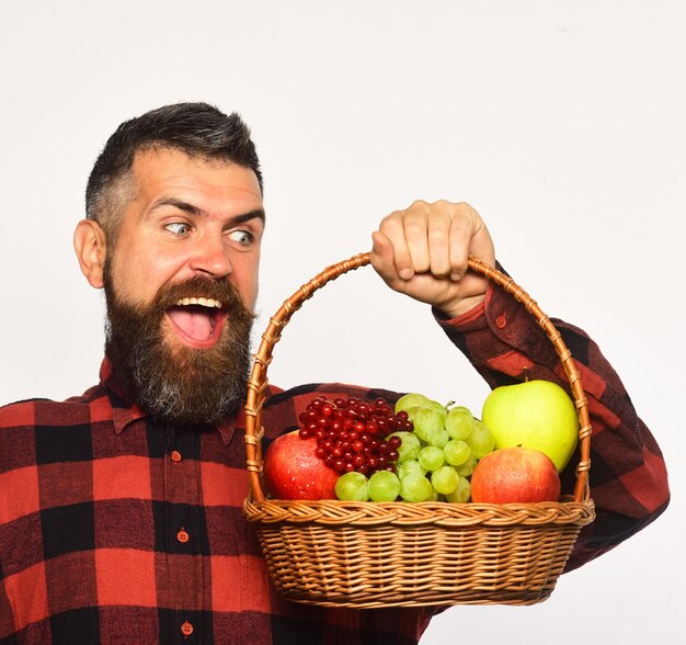 L'agricoltore con la barba tiene un cesto di frutta su sfondo bianco