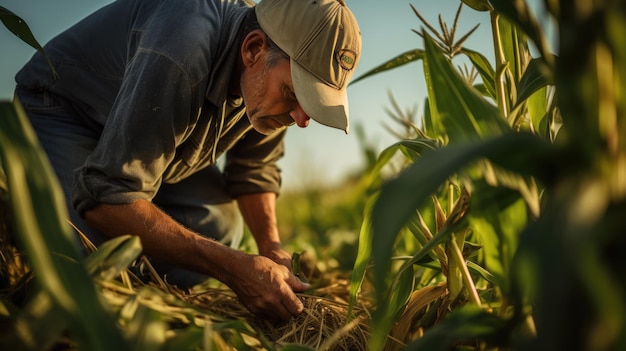 L'agricoltore controlla i germogli di mais