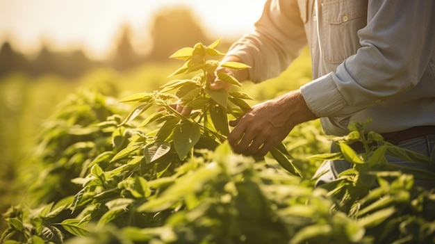 L'agricoltore controlla le foglie delle piante verdi dei suoi campi