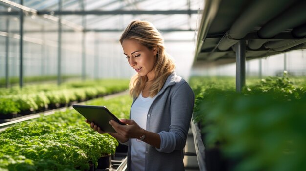 L'agricoltore femminile sta in piedi e tiene la tavoletta in mano sullo sfondo del campo