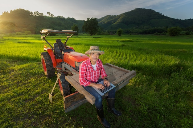 L&#39;agricoltore ha registrato una crescita della produttività seduto su un trattore sullo sfondo una risaia