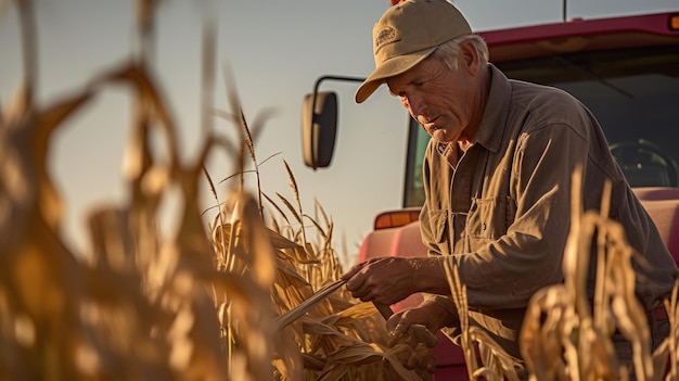 L'agricoltore maschio controlla i germogli di grano nel suo campo