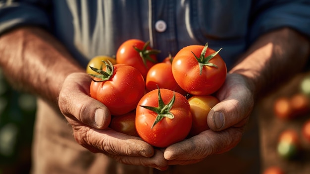 L'agricoltore maschio detiene un raccolto di pomodori freschi