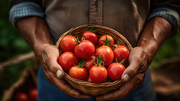 L'agricoltore maschio detiene un raccolto di pomodori freschi