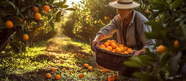 L'agricoltore maschio raccoglie arance mature dagli aranci in giardino in estate IA generativa