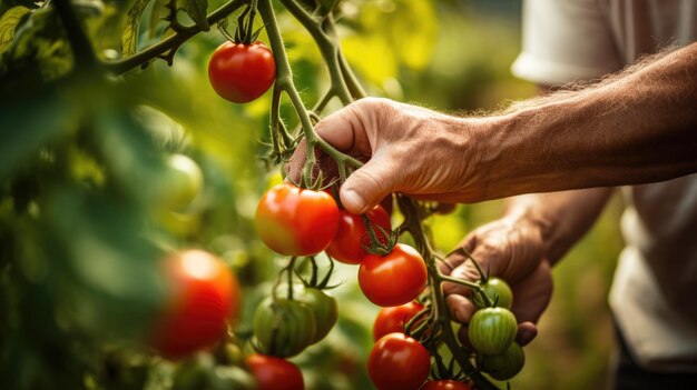 L'agricoltore maschio raccoglie i pomodori a mano