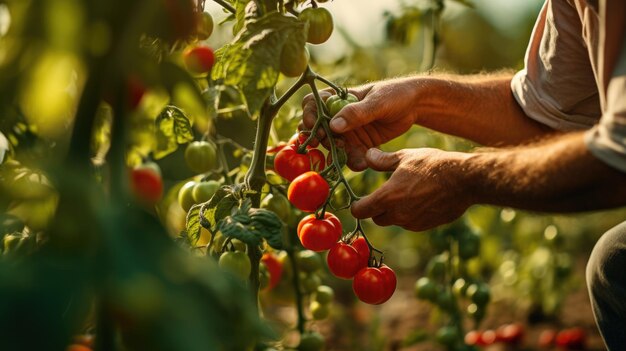 L'agricoltore maschio raccoglie i pomodori a mano