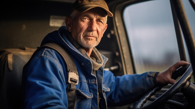 L'agricoltore maschio si siede nella parte posteriore di un trattore