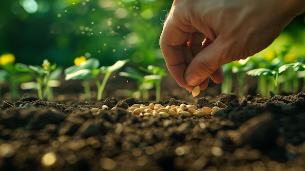 L'agricoltore pianta a mano i semi nel suolo