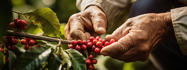 L'agricoltore raccoglie il raccolto di caffè nella piantagione Creato con la tecnologia AI generativa