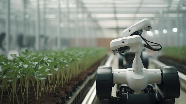 L'agricoltore robotico intelligente osserva e controlla la crescita delle piante generate dall'intelligenza artificiale