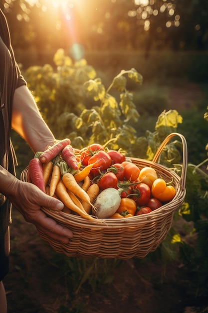 L'agricoltore tiene in mano un cesto con verdure fresche e sane