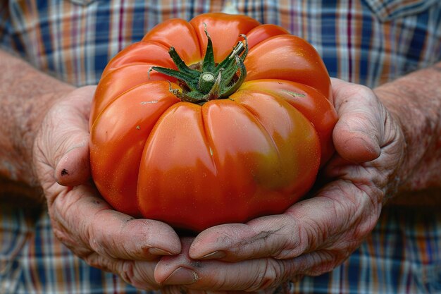 L'agricoltore tiene tra le mani un pomodoro fresco maturo, un raccolto di verdure biologiche ed ecologiche.