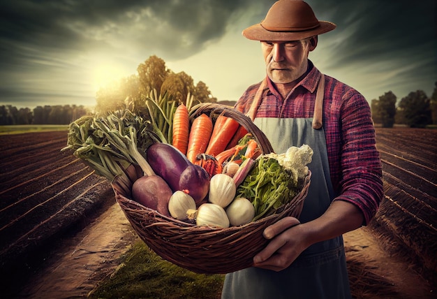 L'agricoltore tiene un cesto di verdure raccolte sullo sfondo di una fattoria La raccolta genera A