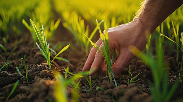 L'agricoltore tocca con la mano le foglie verdi del grano giovane nel campo il concetto di agricoltura naturale l'operaio tocca il raccolto e controlla i germogli protegge l'ecologia del coltivato