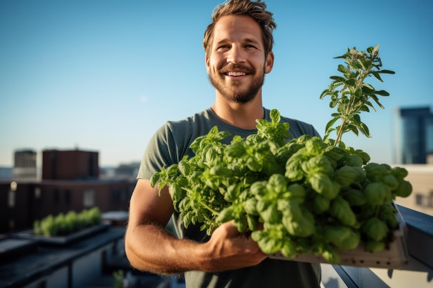 l'agricoltore urbano mostra con orgoglio erbe fresche coltivate nella produzione alimentare locale sostenibile del giardino sul tetto