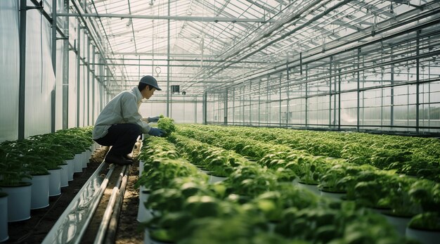 L'agricoltura abbraccia la tecnologia con un agricoltore dedicato che nutre le colture in condizioni controllate