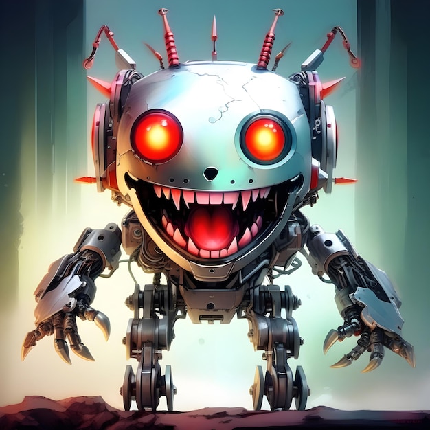 L'AI ha generato l'immagine di un carino cyborg robotico horror con un sorriso maniacale e occhi luminosi.