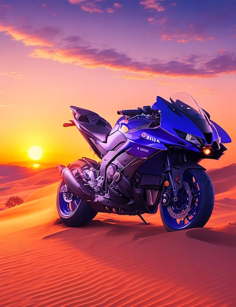 L'AI ha generato la Yamaha del futuro nel tramonto del deserto.