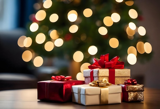 L'AI ha generato un'illustrazione di regali dorati e rossi avvolti sullo sfondo dell'albero di Natale
