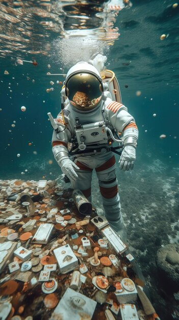 L'AI ha generato un'illustrazione di un astronauta che nuota in un oceano coperto di rifiuti e spazzatura