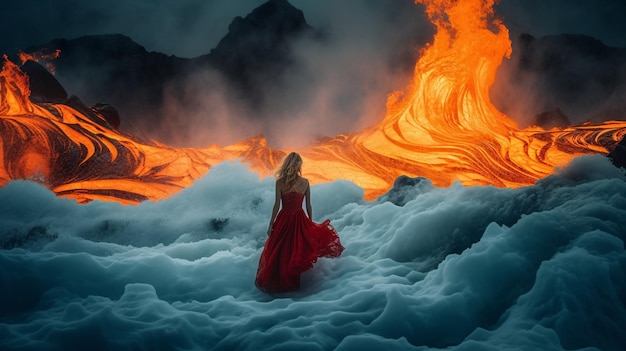 L'AI ha generato un'illustrazione di una donna con un bellissimo vestito rosso in piedi su un iceberg vicino alla lava