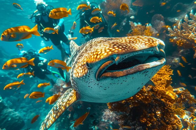 L'AI ha generato un primo piano di uno squalo sott'acqua seguito da diversi subacquei