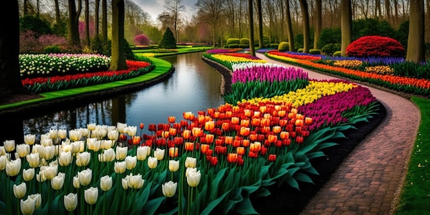 L'aiuola del Keukenhof, un giardino olandese, è piena di coloratissimi tulipani in fiore