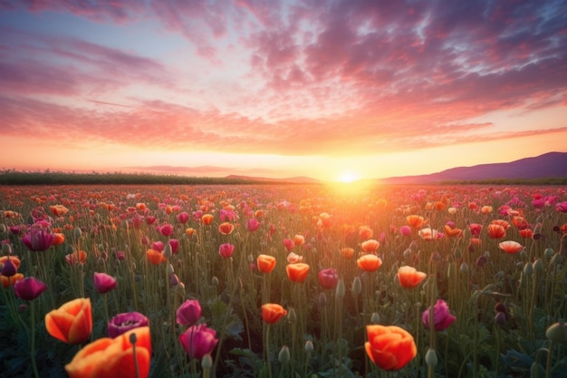 L'alba del campo di tulipani con tonalità calde e pastello che illuminano il cielo creato con l'ai generativo