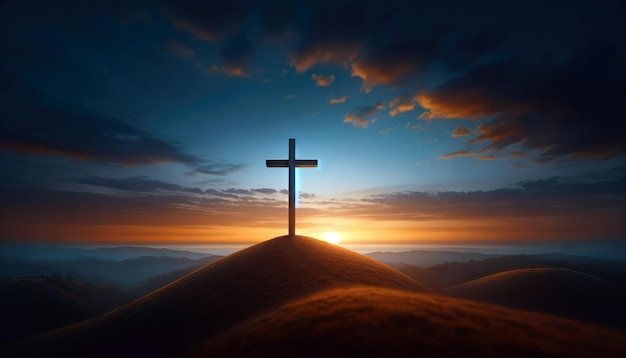 L'alba di Pasqua con la croce all'orizzonte simbolo di speranza