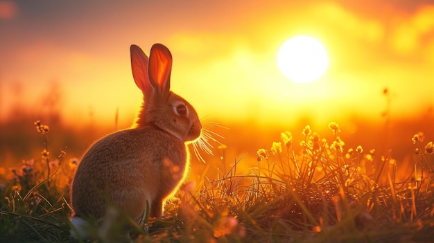 L'alba di Pasqua Un'esplosione di sole radiante dietro la silhouette di un coniglietto di Pasqua che simboleggia speranza e rinnovamento