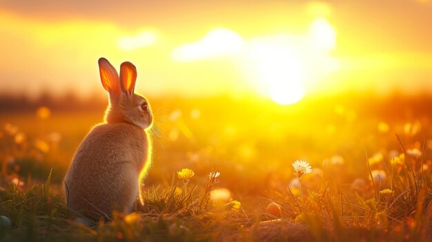 L'alba di Pasqua Un'esplosione di sole radiante dietro la silhouette di un coniglietto di Pasqua che simboleggia speranza e rinnovamento
