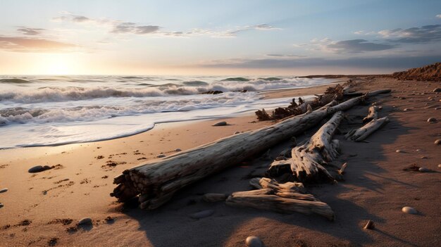 L'alba dorata sulla spiaggia serena con il legno galleggiante e le onde che carezzano dolcemente la riva