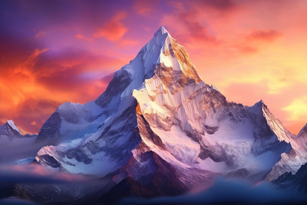L'alba illumina una vetta di montagna frastagliata coperta di neve con uno sfondo celeste colorato