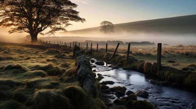 L'alba mistica Un paesaggio britannico sereno con una recinzione di pietra