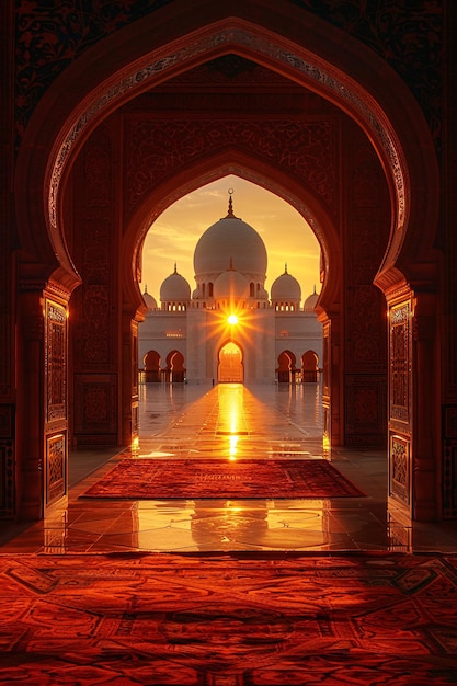 L'alba mozzafiato dietro una maestosa moschea catturata attraverso un arco tema di Eid AlAdha