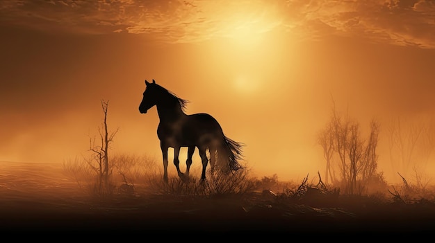 L'alba nebbiosa tonata di Sepia con la silhouette di un cavallo