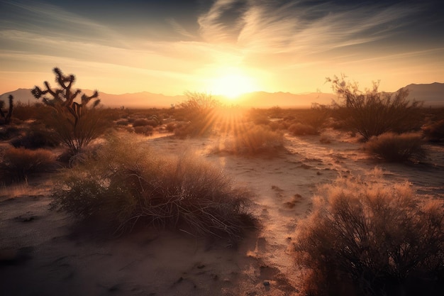 L'alba nel deserto con il sole che fa capolino all'orizzonte portando nuova luce a un paesaggio sereno