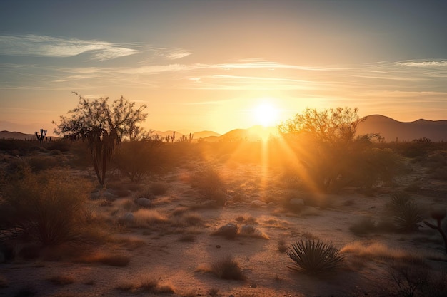 L'alba nel deserto con il sole che fa capolino all'orizzonte portando nuova luce a un paesaggio sereno