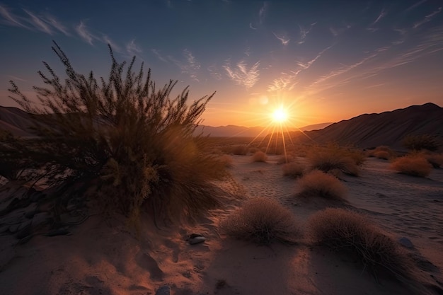 L'alba porta un nuovo giorno nel deserto con i colori dell'alba e delle stelle splendenti