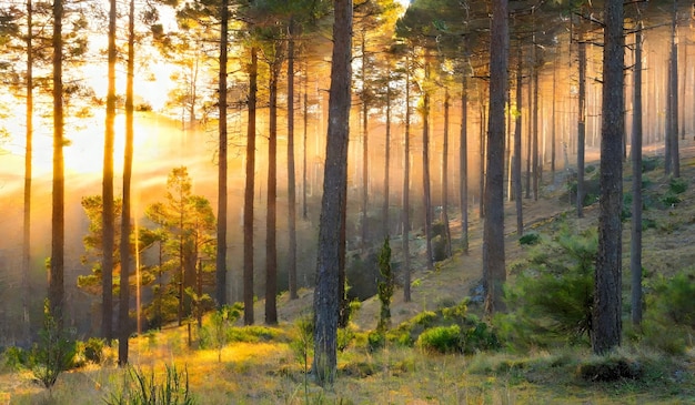 L'alba scorre sugli alti pini della foresta
