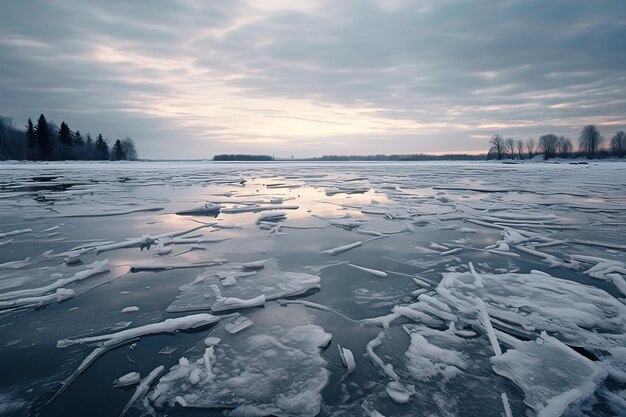 L'alba soffocata su un mosaico di ghiaccio di laghi ghiacciati
